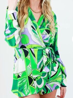 eesome Green & Purple Abstract Print Wrap Romper